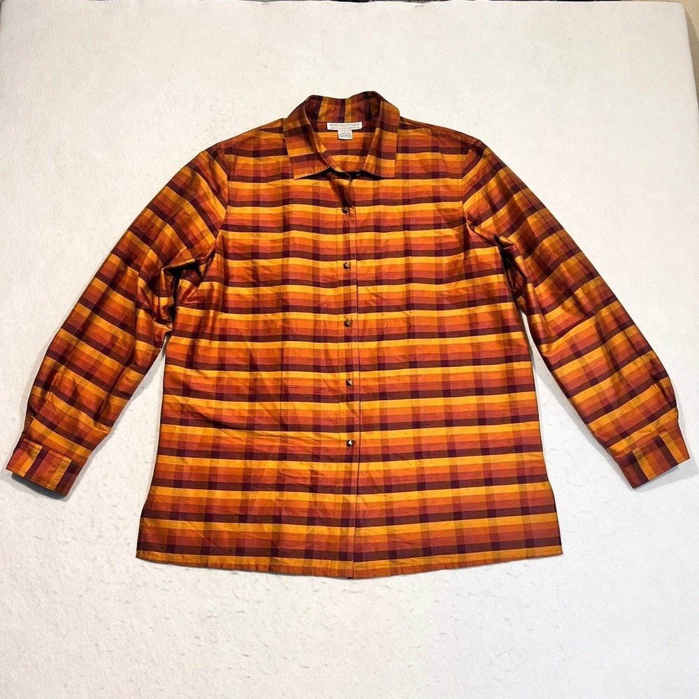 Real Clothes Sak's Fifth Avenue Top Shirt Silk Plaid Button Up Top Women's Large